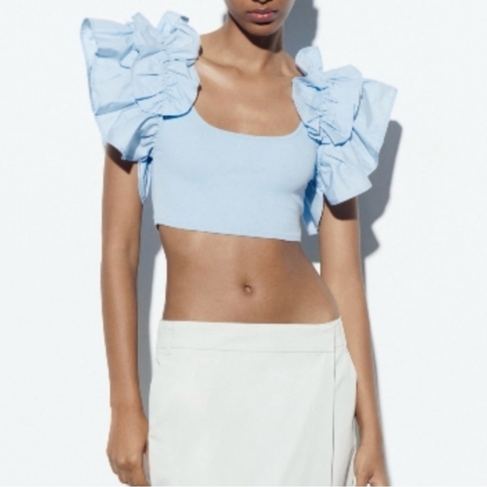 Elegant Blue Ruffle Sleeve Crop Top
